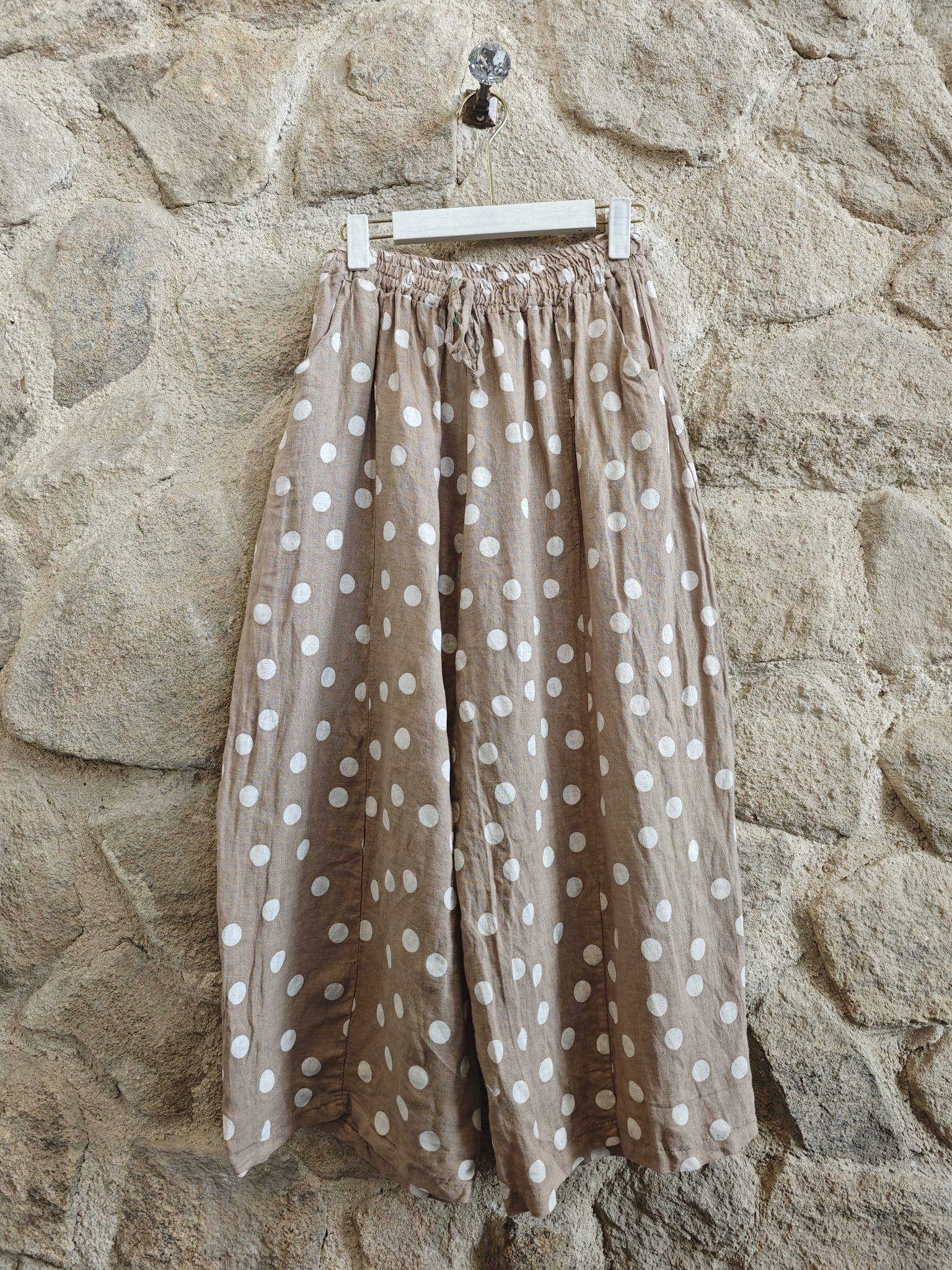 Camel pants with white polka dots