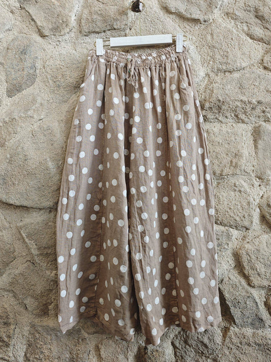 Camel pants with white polka dots