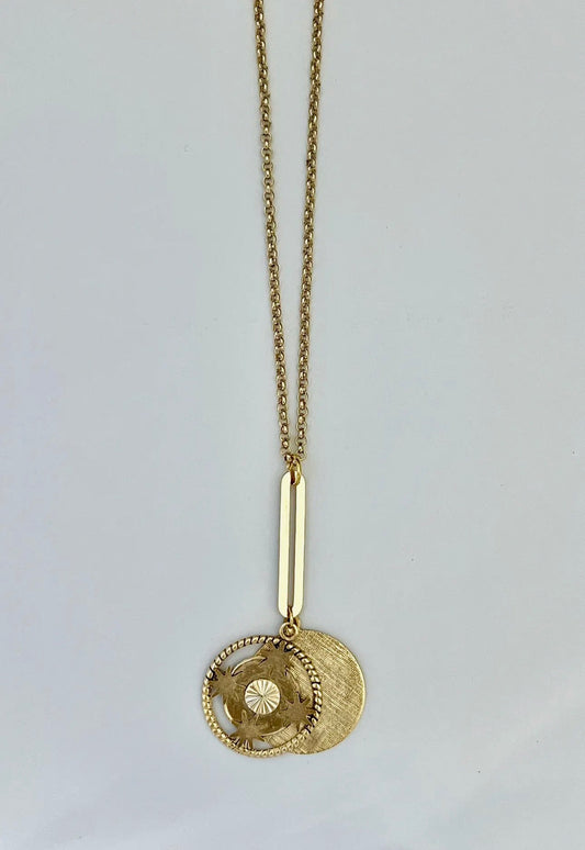 French love saying and compass necklace; gold plated