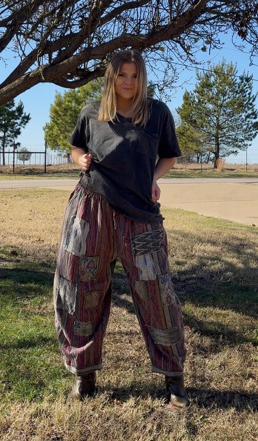 Stormy Evening Pants in Plum by Jaded Gypsy. Oversized patchwork barrel style pants or balloon style pants. Patchwork earth tone pants. 