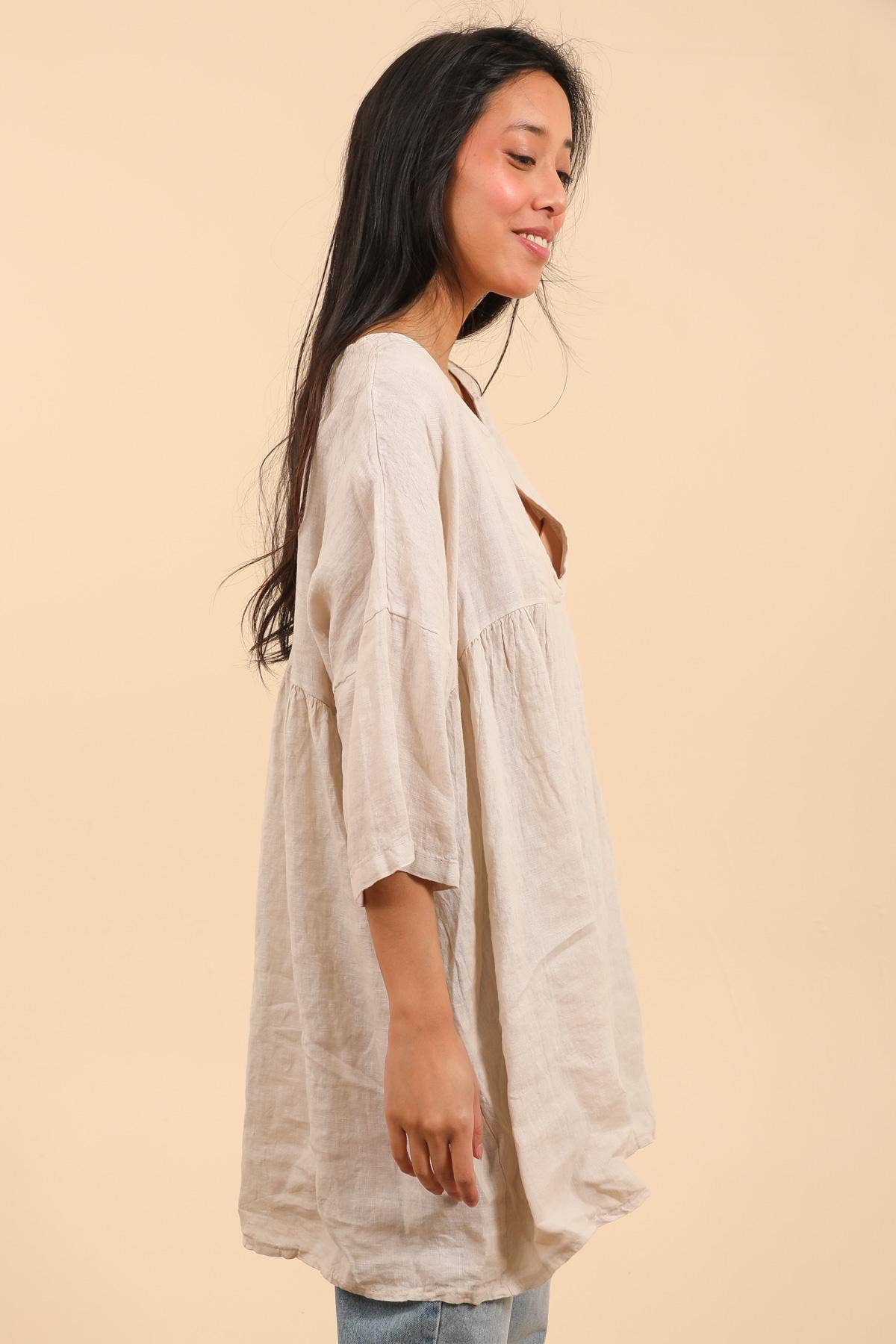 V-Neck Linen Tunic in Fuchsia