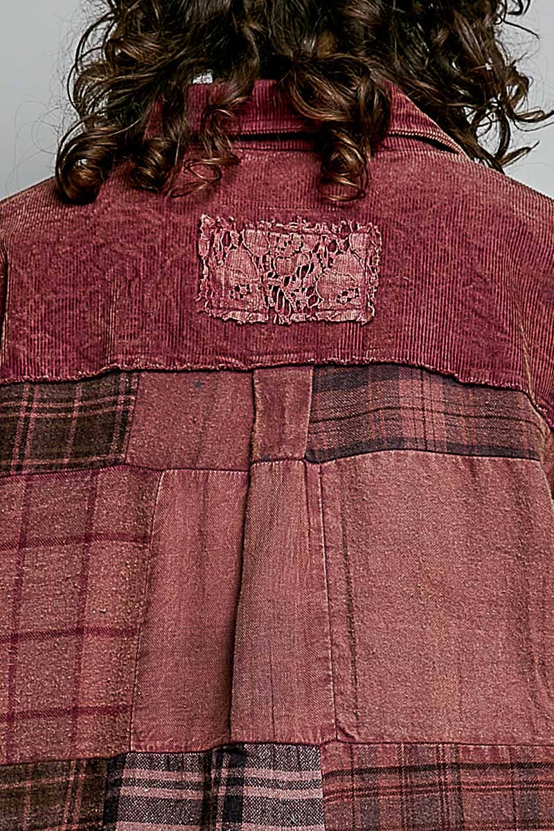 Vintage Wash Plaid Patchwork Long Sleeve Top