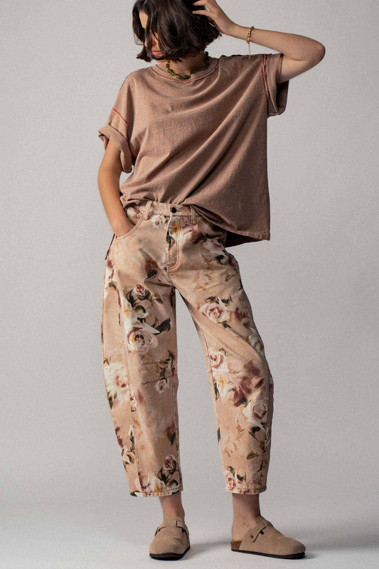 Contrast Stitching Mineral Wash Cotton Tee in Taupe