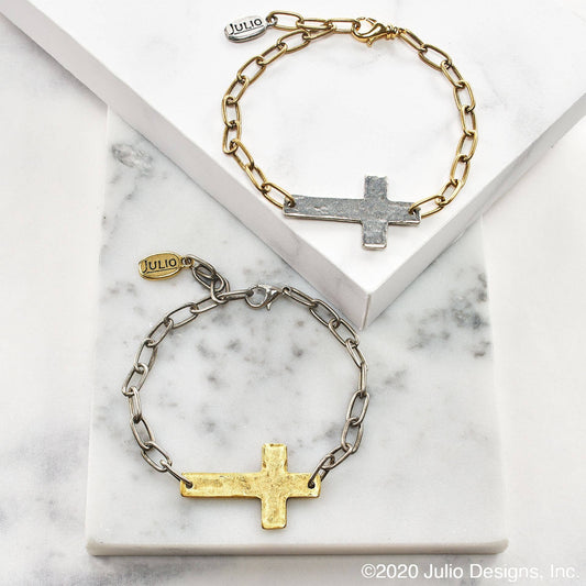 Hammered Cross on Paperclip Chain Bracelet