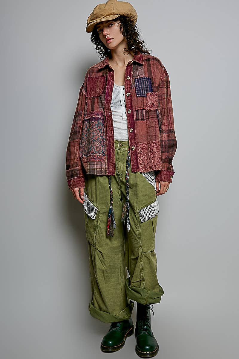 Vintage Wash Plaid Patchwork Long Sleeve Top