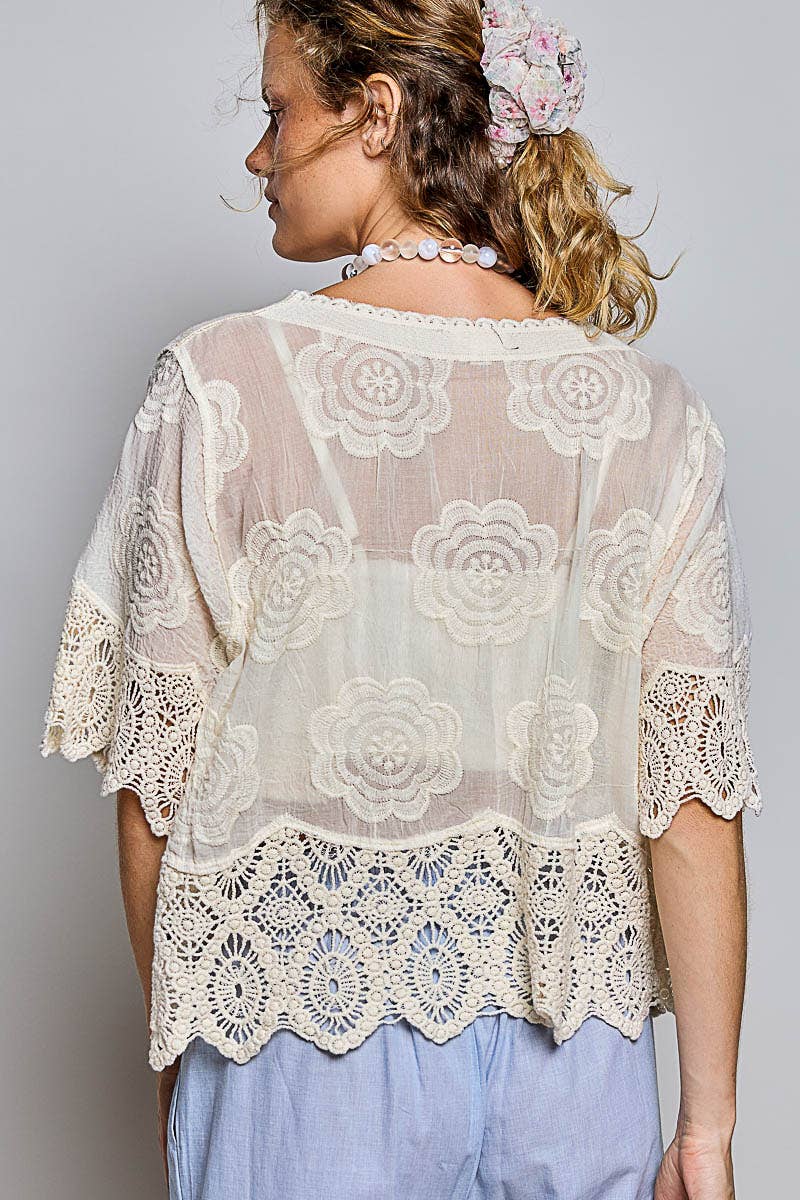 Crochet Trim Neckline Short Sleeve Jacket Top