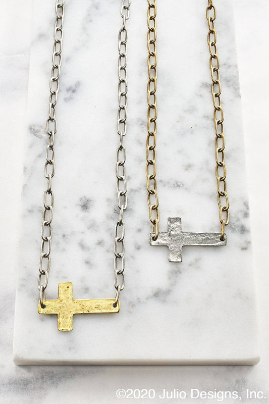 Hammered Cross on Paperclip Chain Necklace