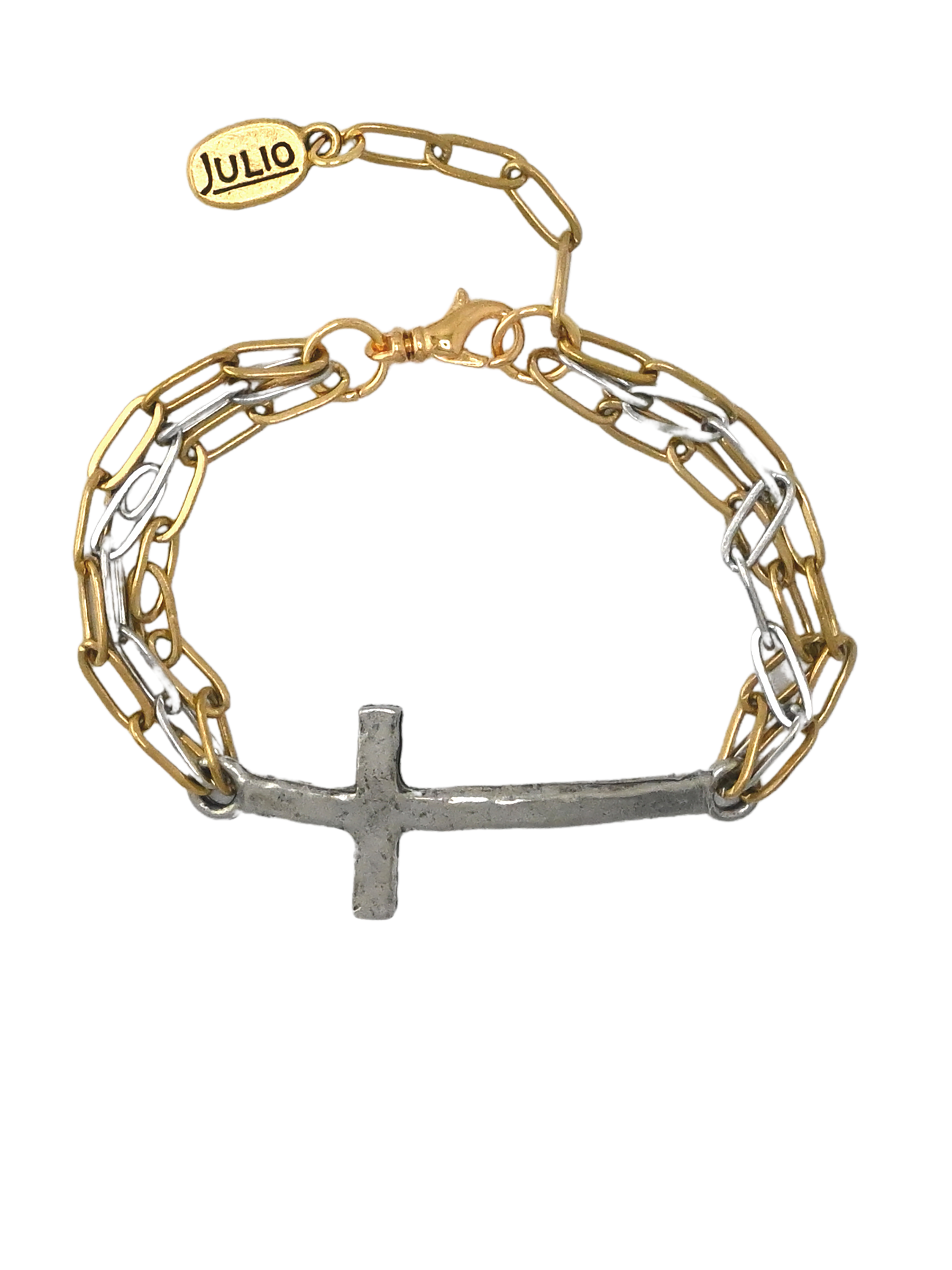 Mixed Metal Cross and Paperclip Chain Bracelet