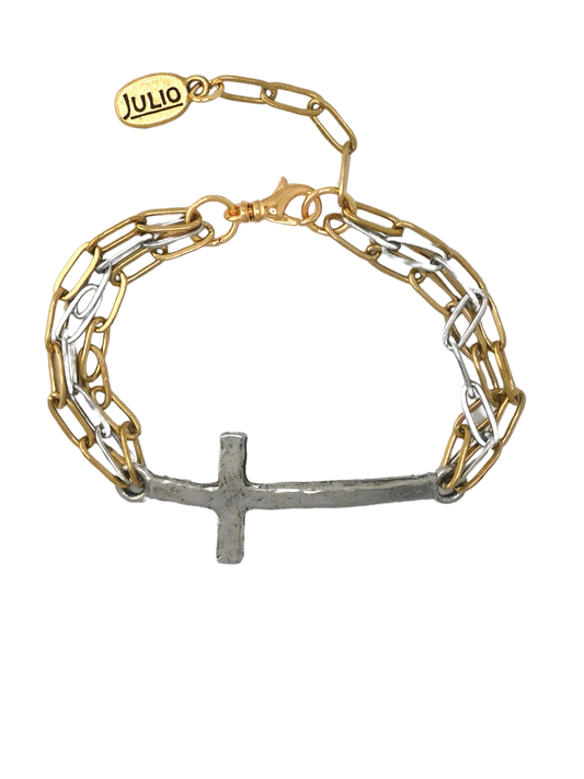 Mixed Metal Cross and Paperclip Chain Bracelet