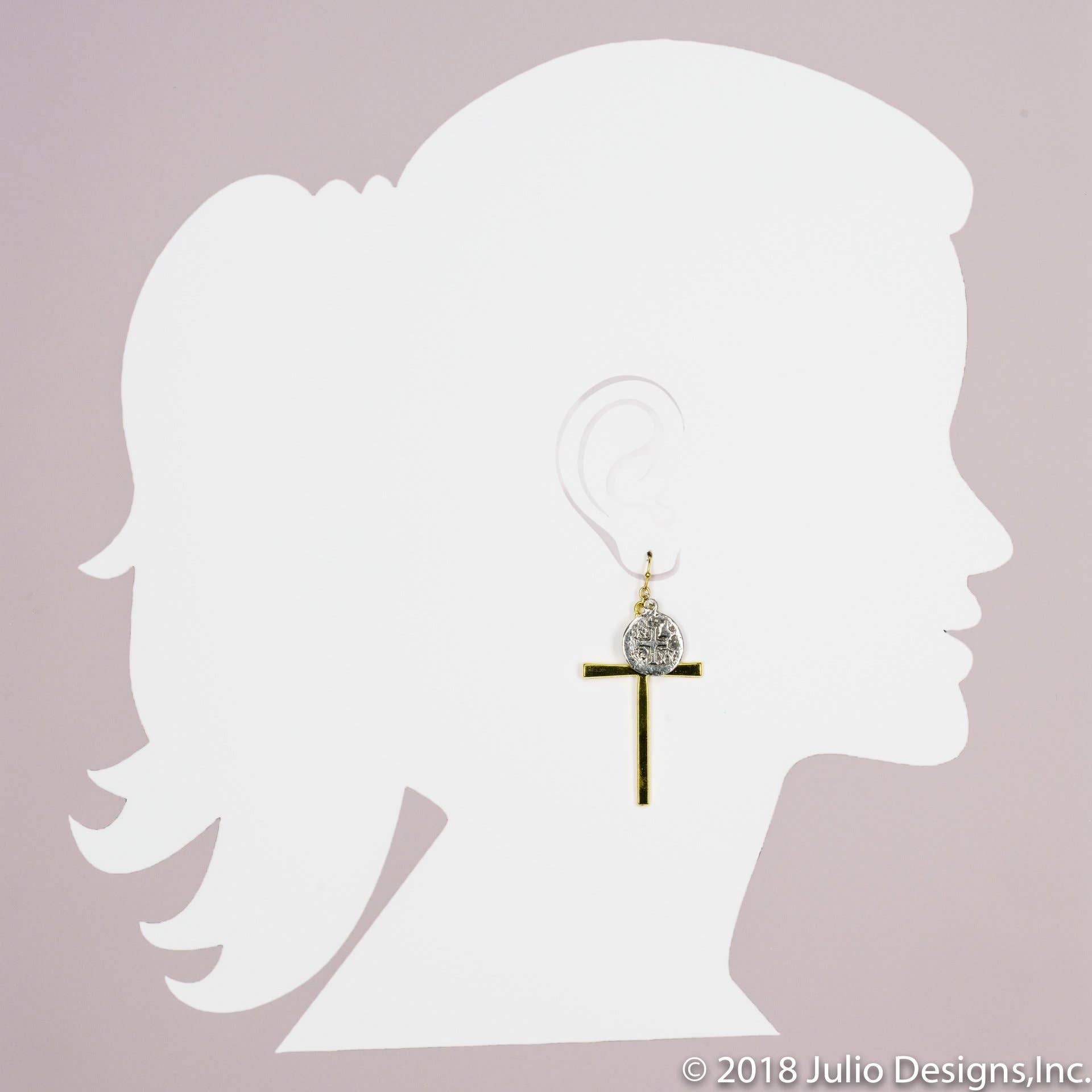 Orchid Cross and Coin Mixed Metal Earring