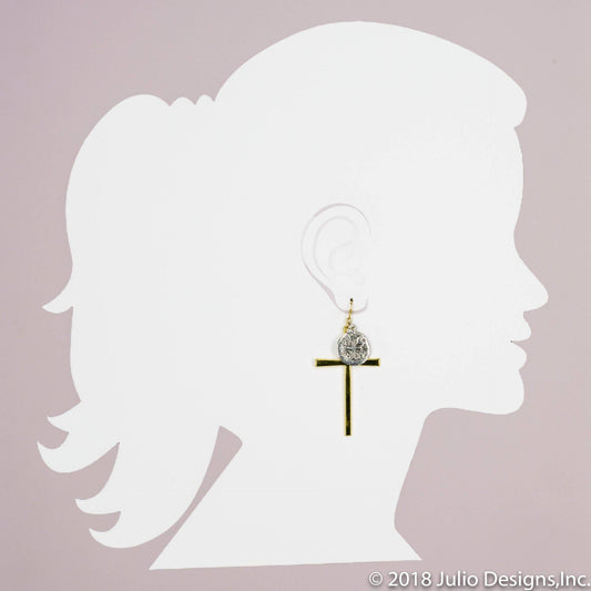 Orchid Cross and Coin Mixed Metal Earring