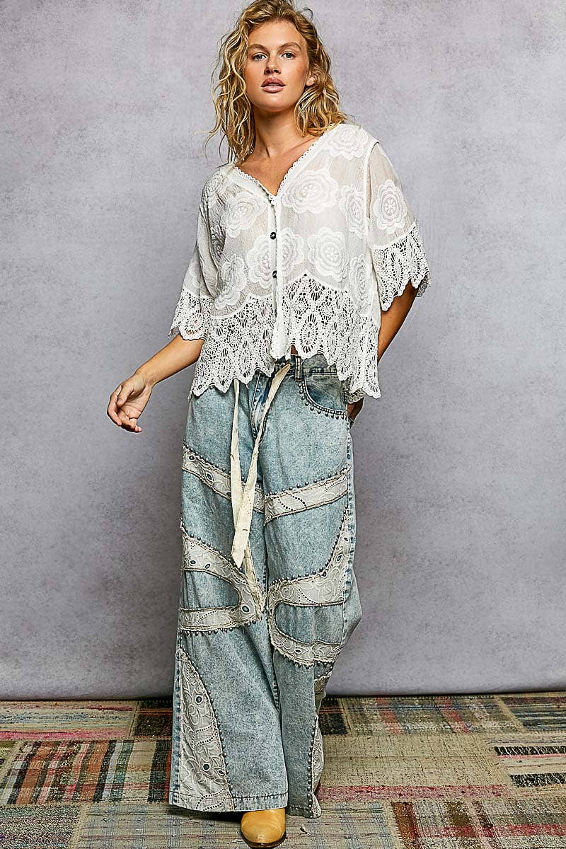 Crochet Trim Neckline Short Sleeve Jacket Top