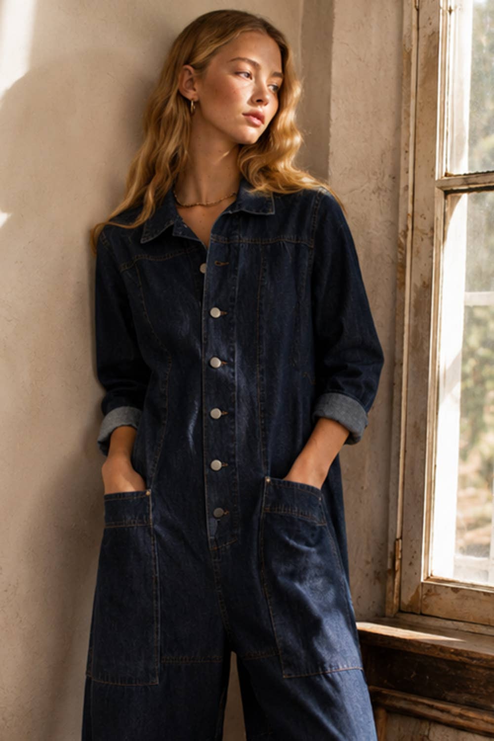 Button Down Relaxed Denim Jumpsuit in Dark Wash