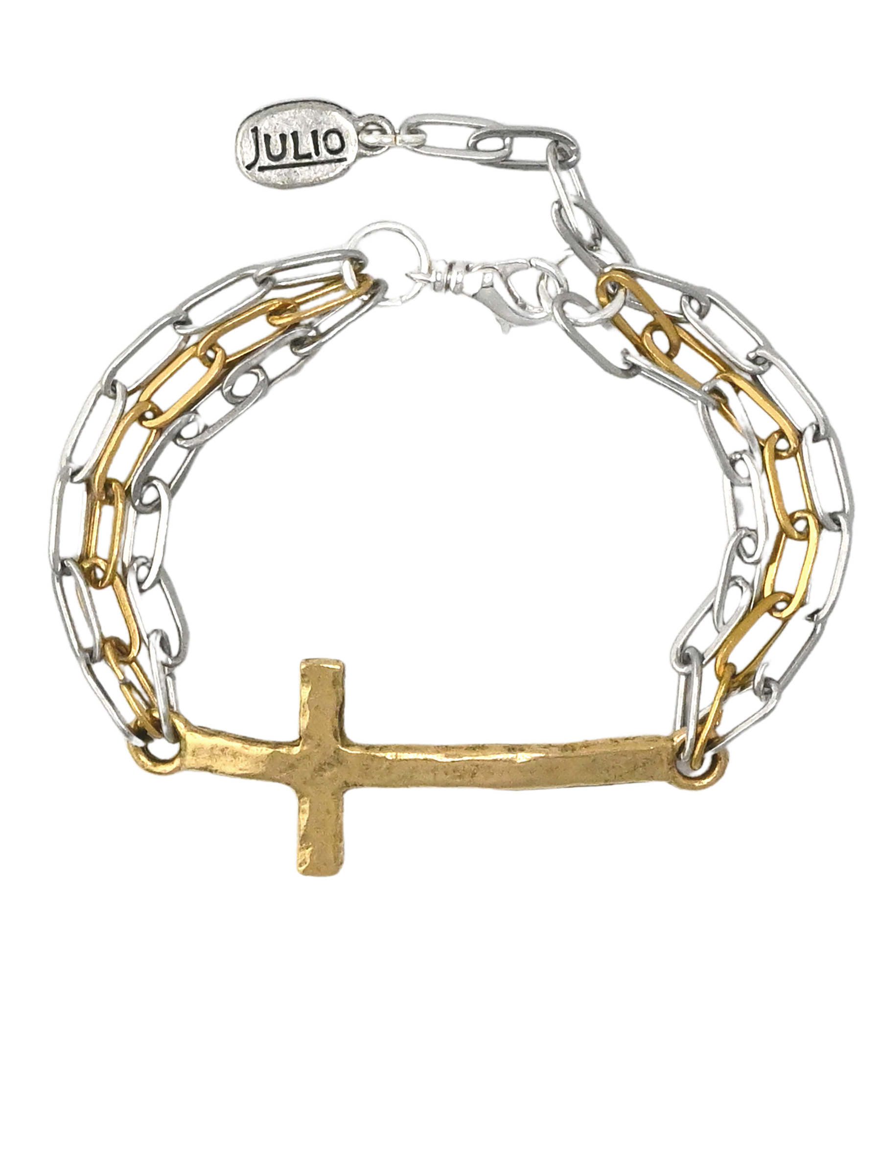 Mixed Metal Cross and Paperclip Chain Bracelet