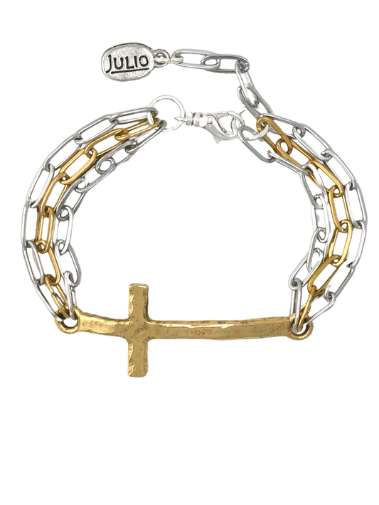 Mixed Metal Cross and Paperclip Chain Bracelet