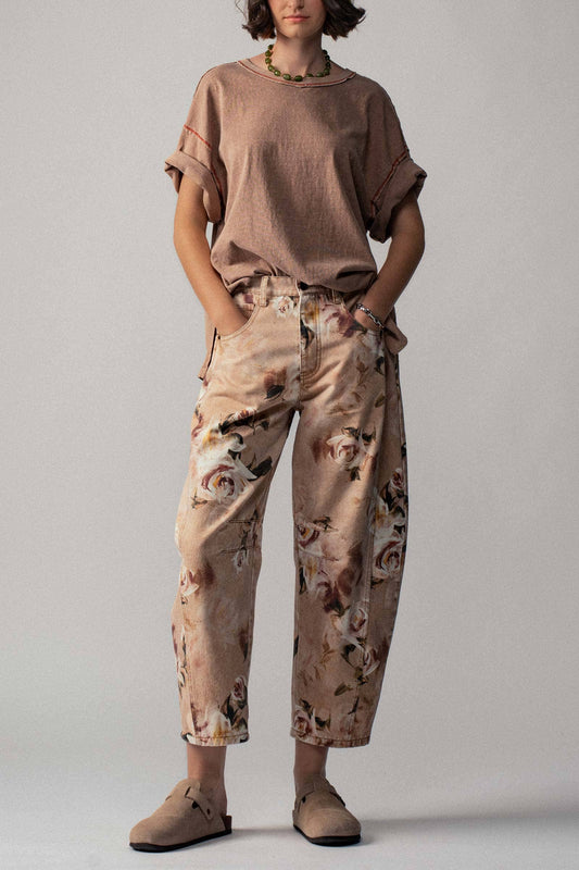 Contrast Stitching Mineral Wash Cotton Tee in Taupe