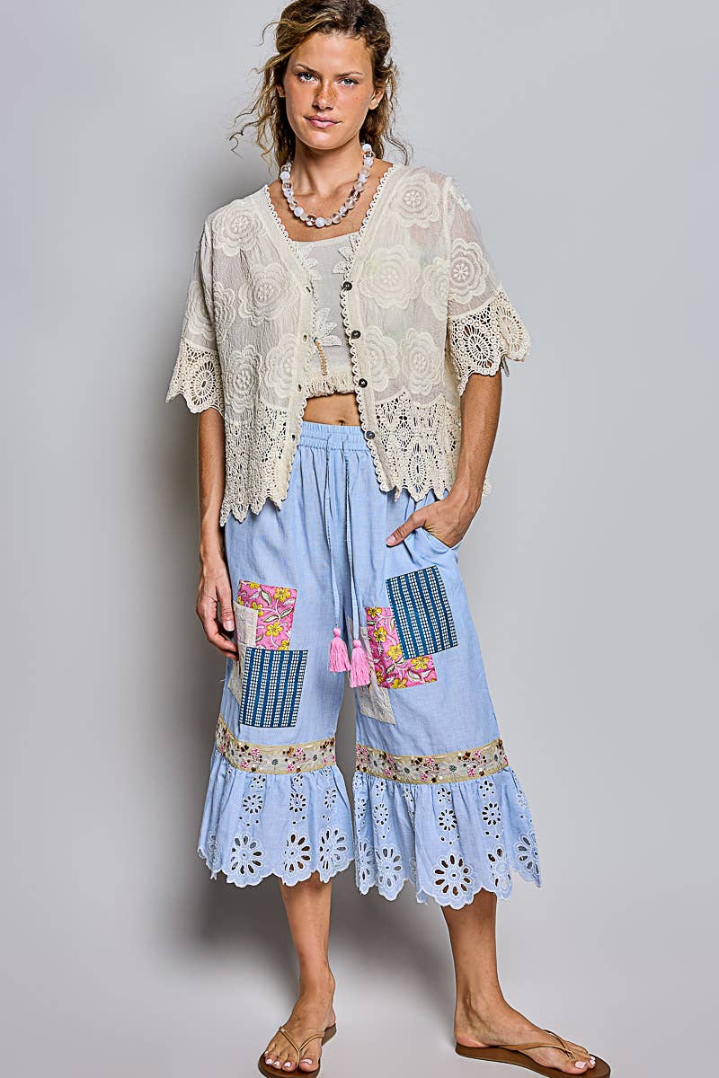 Crochet Trim Neckline Short Sleeve Jacket Top