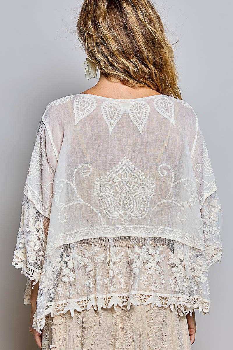 1/2 Sleeve Lace Ruffle Trim Opening Solid Crochet Cardigan