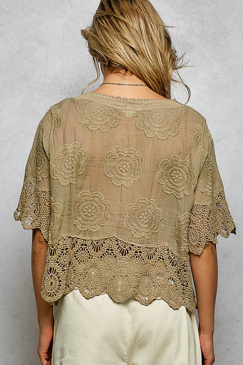 Crochet Trim Neckline Short Sleeve Jacket Top