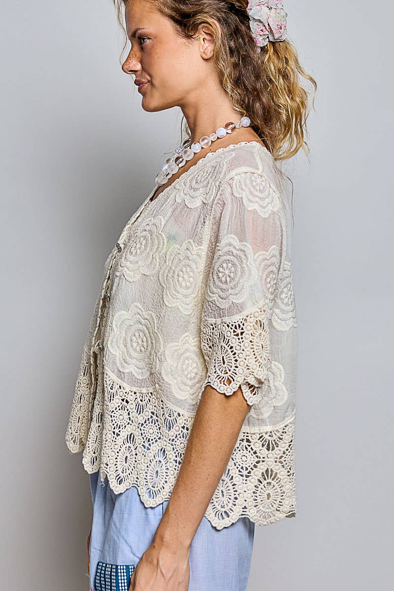 Crochet Trim Neckline Short Sleeve Jacket Top
