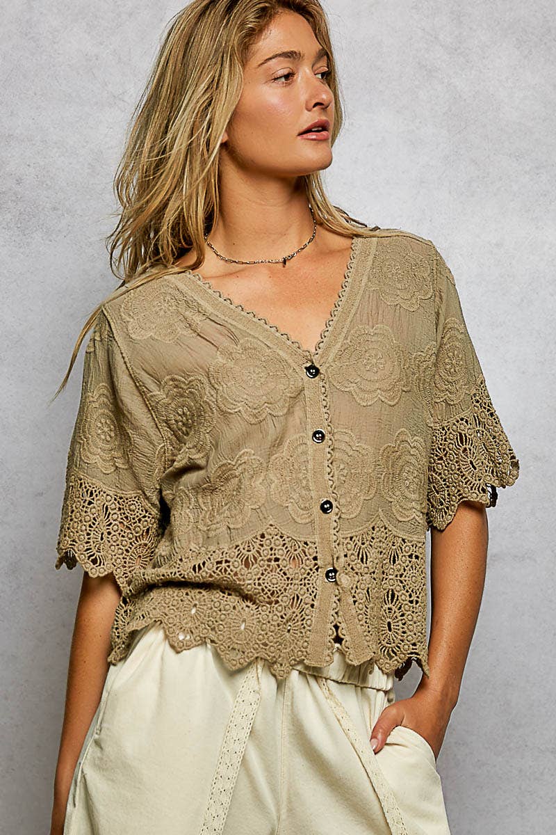 Crochet Trim Neckline Short Sleeve Jacket Top