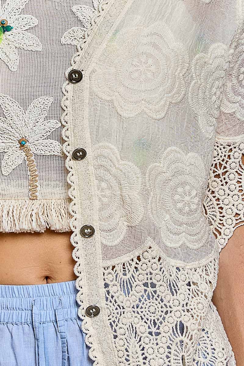 Crochet Trim Neckline Short Sleeve Jacket Top